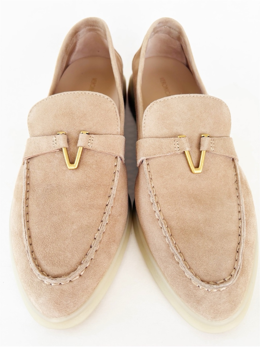 Veronica Beard Ailey Suede Loafers Beige Camel Gold V Hardware Size 6.5 - Picture 8 of 15
